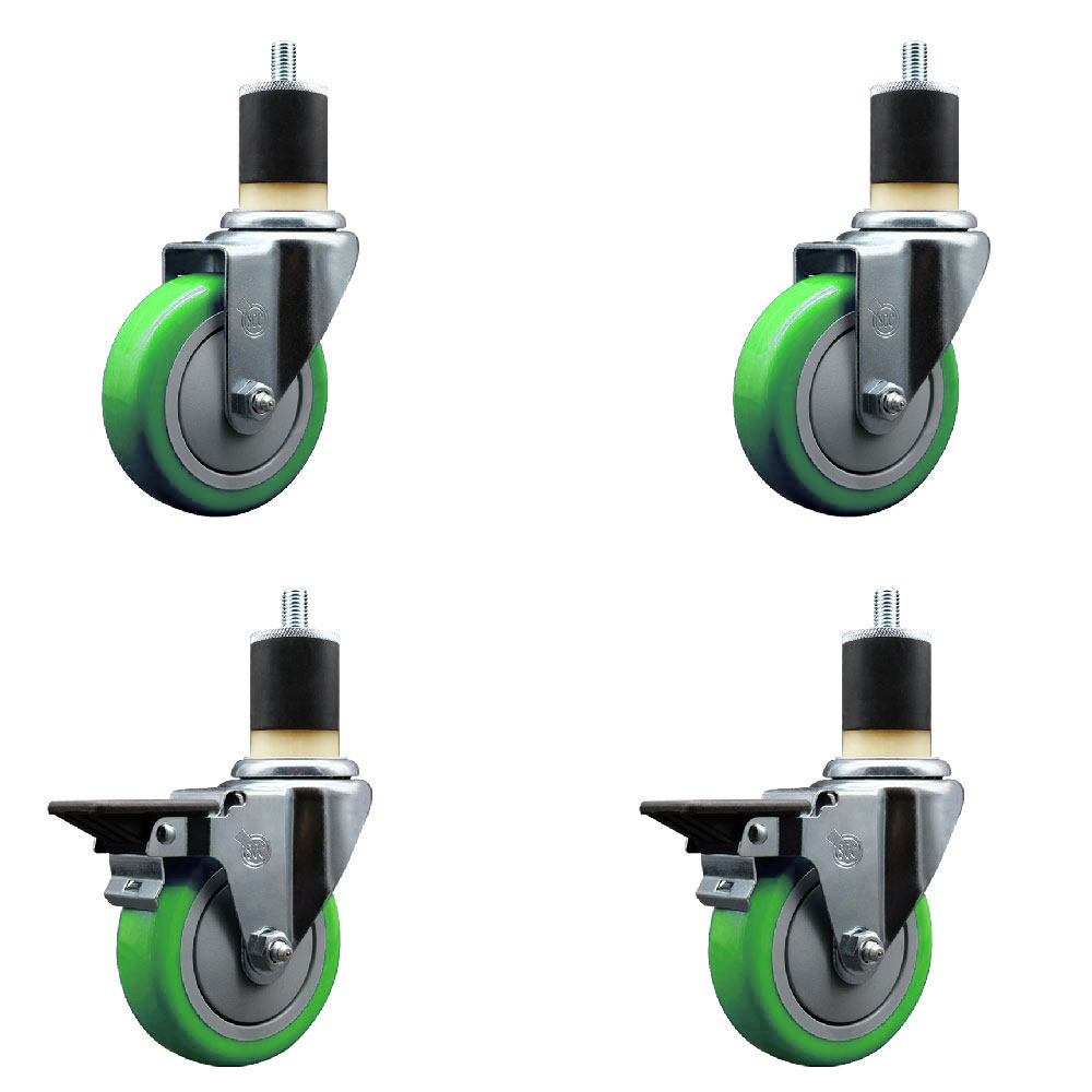 SCC-EX20S414-PPUB-GRN-2-PLB-2-178 Polyurethane Swivel Expanding Stem Caster with 4 in. Green Wheels & 1.87 in. Stems - Set of 4