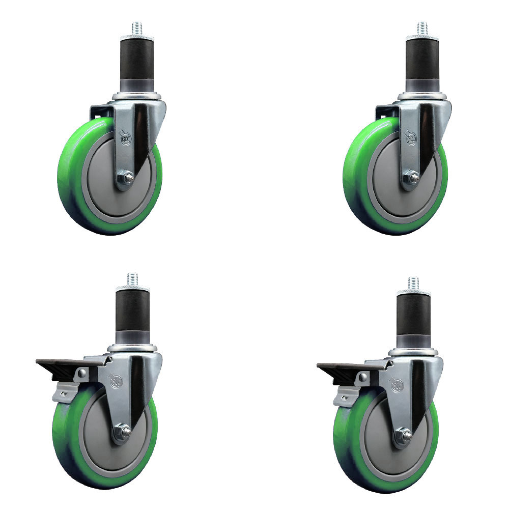 SCC-EX20S514-PPUB-GRN-2-PLB-2-158 Polyurethane Swivel Expanding Stem Caster with 5 in. Green Wheels & 1.63 in. Stems - Set of 4
