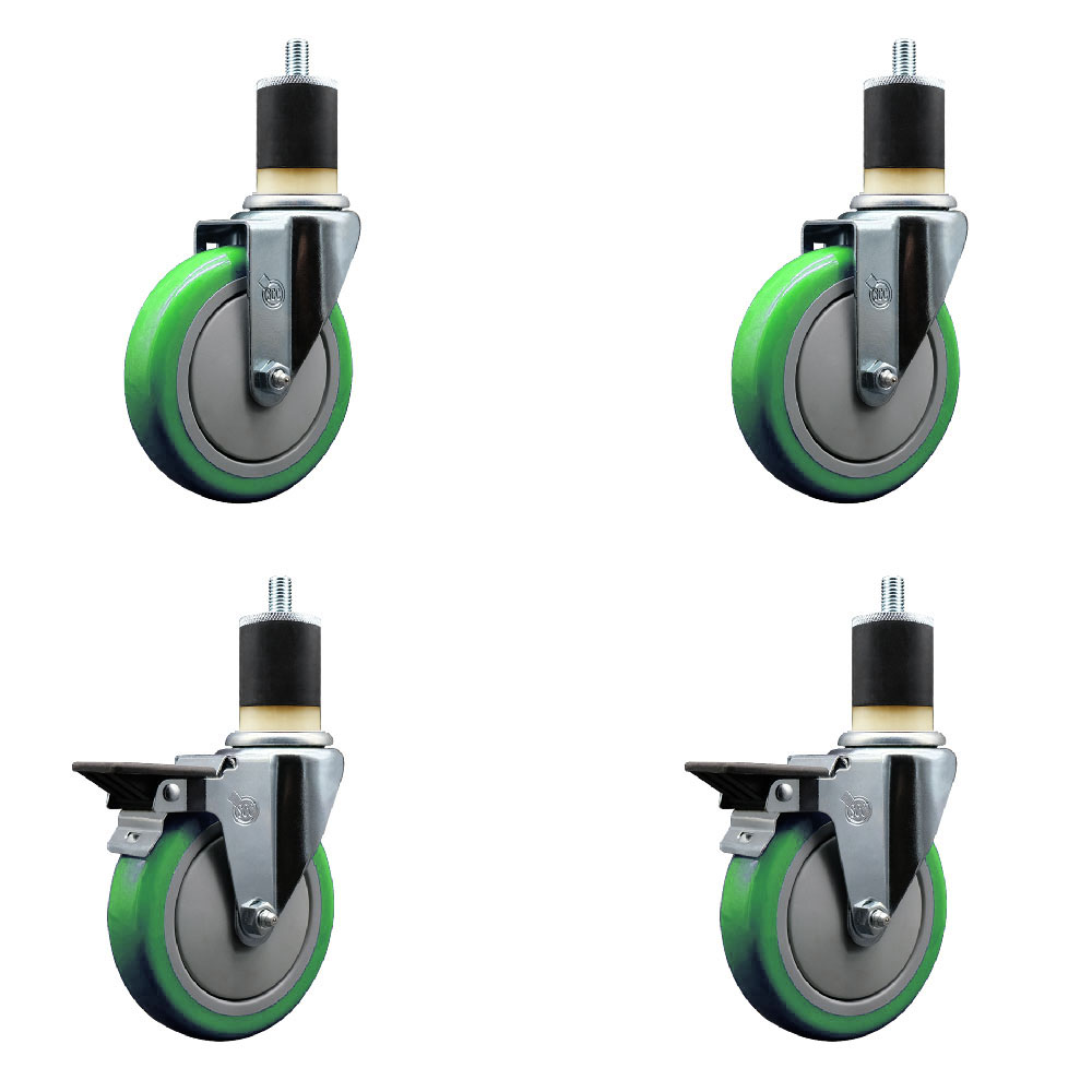 SCC-EX20S514-PPUB-GRN-2-PLB-2-178 Polyurethane Swivel Expanding Stem Caster with 5 in. Green Wheels & 1.87 in. Stems - Set of 4