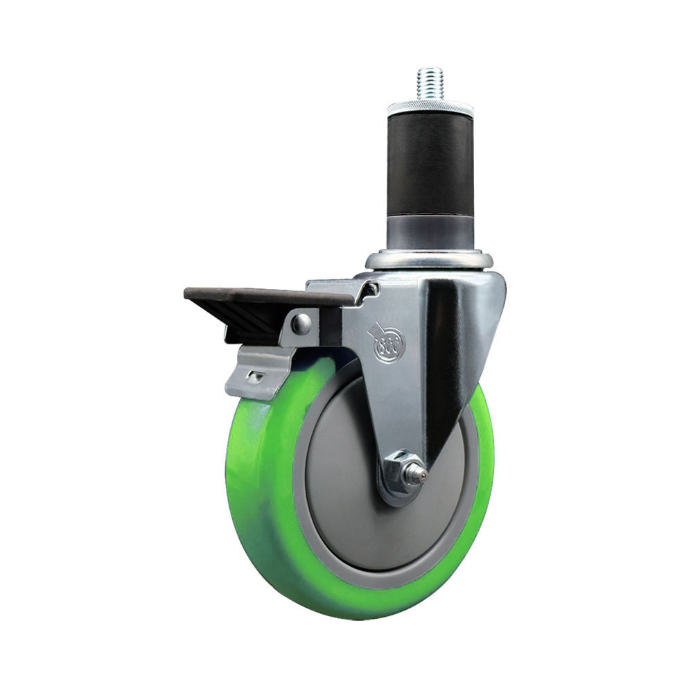 SCC-EX20S514-PPUB-GRN-PLB-158 Polyurethane Expanding Stem Swivel Caster with 5 in. Green Wheel & 1.63 in. Stem & Posi Locking Brake