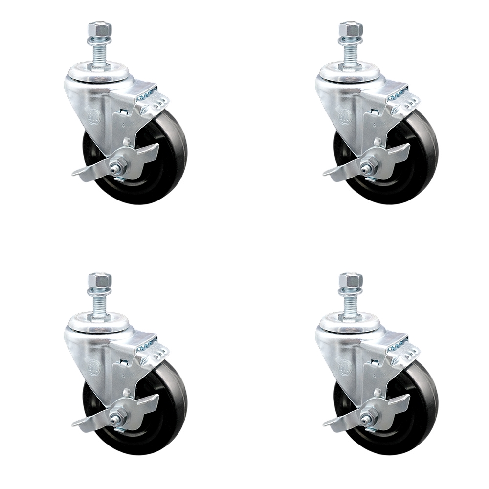 SCC-TS20S414-HRS-TLB-121315-4 Hard Rubber Swivel Threaded Stem Caster with 4 x 1.25 in. Black Wheels & 0.5 in. Stems - Set of 4
