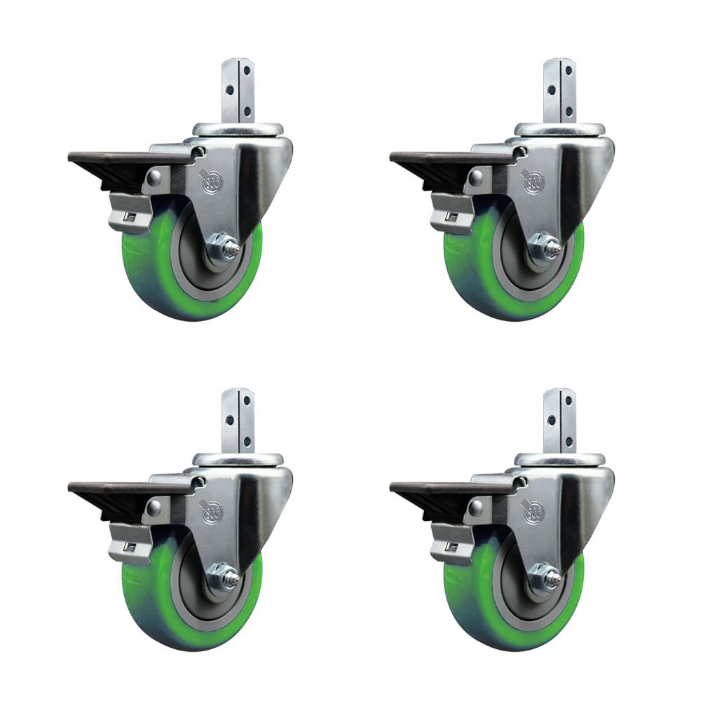 Swivel Square Stem Caster with 3.5 x 1.25 in. Green Poly Wheel, 0.87 x 2 in. Square Stem with 3 0.26 in. Diameter Mounting Holes - Set of 4