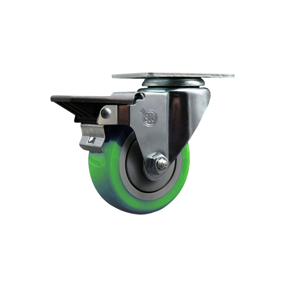SCC-20S3514-PPUB-GRN-PLB Polyurethane Swivel Top Plate Swivel Caster with 3.5 in. Green Wheel & Posi Locking Brake