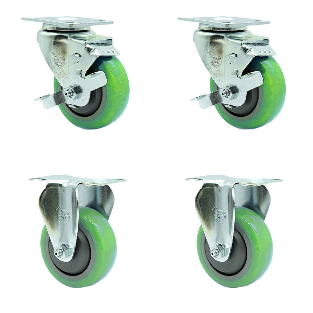 SCC-20S3514-PPUB-GRN-TLB-2-R3514-2 Polyurethane Swivel Top Plate Caster with 3.5 in. Green Wheels - Set of 4