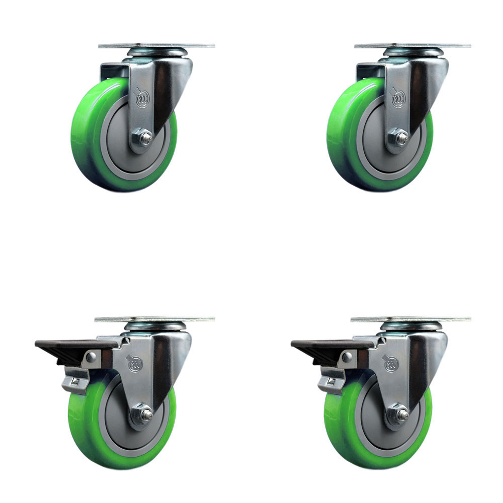 SCC-20S414-PPUB-GRN-2-PLB-2 Polyurethane Swivel Top Plate Caster with 4 in. Green Wheels - Set of 4