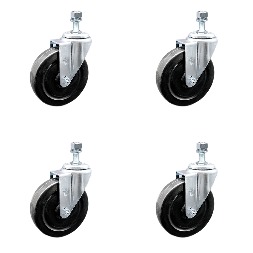 SCC-SSTS20S514-HRS-381615-4 Stainless Steel Hard Rubber Swivel Threaded Stem Caster with 5 x 1.25 in. Black Wheels & 0.38 in. Stems - Set of 4