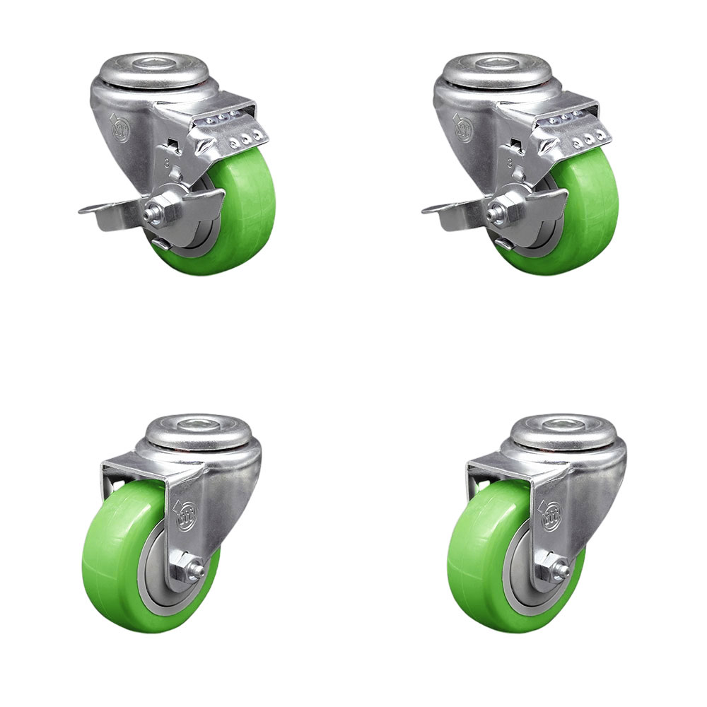 SCC-BH20S314-PPUB-GRN-TLB-2-S-2 Polyurethane Swivel Bolt Hole Caster with 3 x 1.25 in. Green Wheels - Set of 4