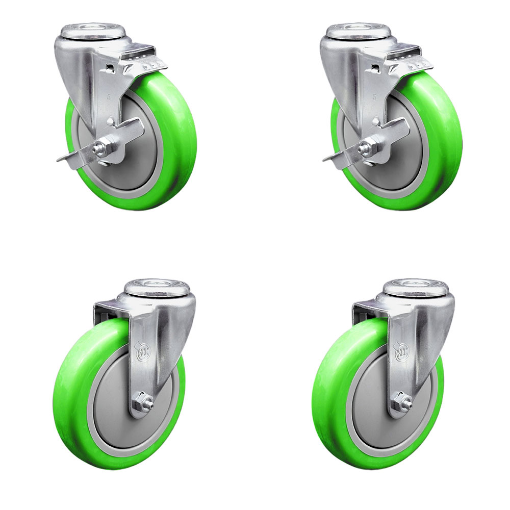 SCC-BH20S514-PPUB-GRN-TLB-2-S-2 Polyurethane Swivel Bolt Hole Caster with 5 x 1.25 in. Green Wheels - Set of 4