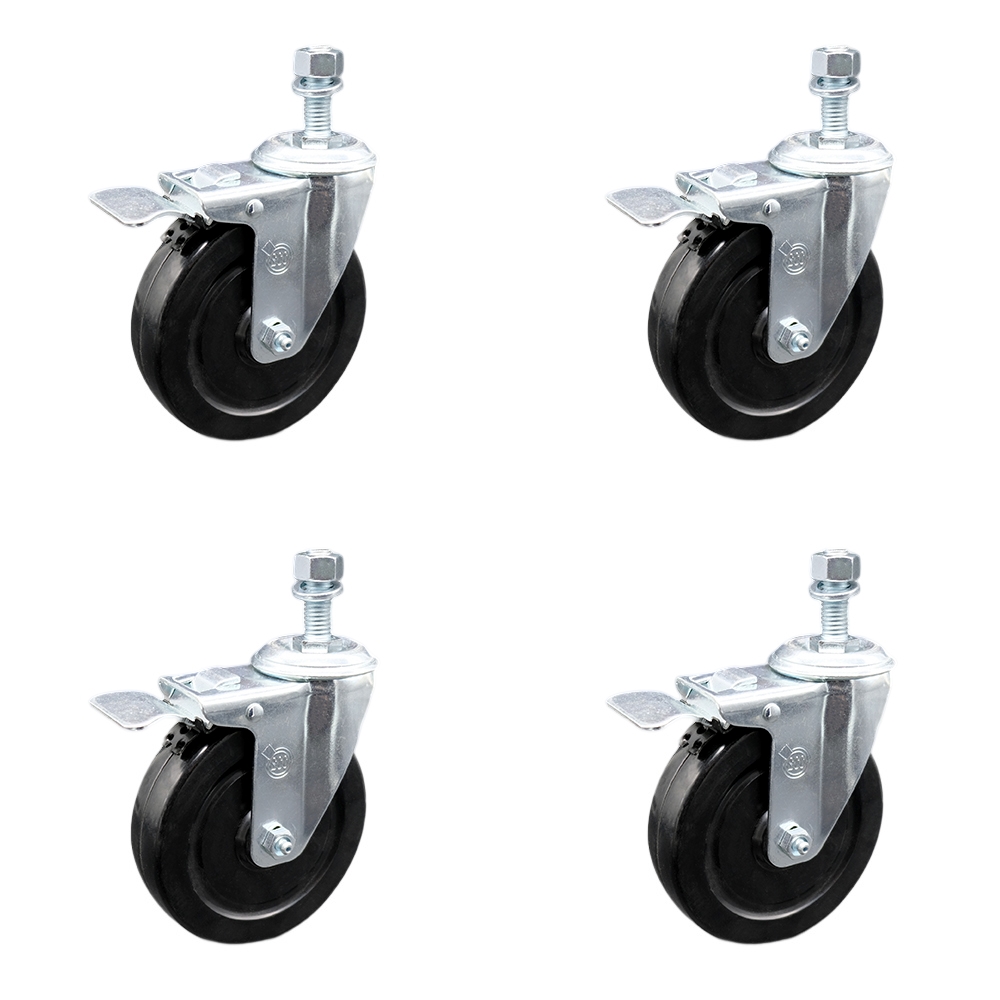 SCC-SSTSTTL20S514-HRS-381615-4 Stainless Steel Hard Rubber Swivel Threaded Stem Caster with 5 x 1.25 in. Black Wheels & 0.38 in. Stems - Set of 4