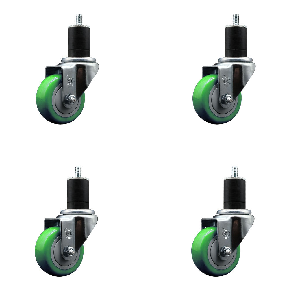 SCC-EX20S314-PPUB-GRN-134-4 Polyurethane Swivel Expanding Stem Caster with 3 in. Green Wheels & 1.75 in. Stems - Set of 4