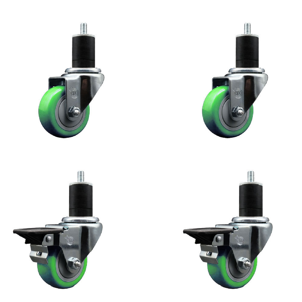 SCC-EX20S314-PPUB-GRN-2-PLB-2-134 Polyurethane Swivel Expanding Stem Caster with 3 in. Green Wheels & 1.75 in. Stems - Set of 4