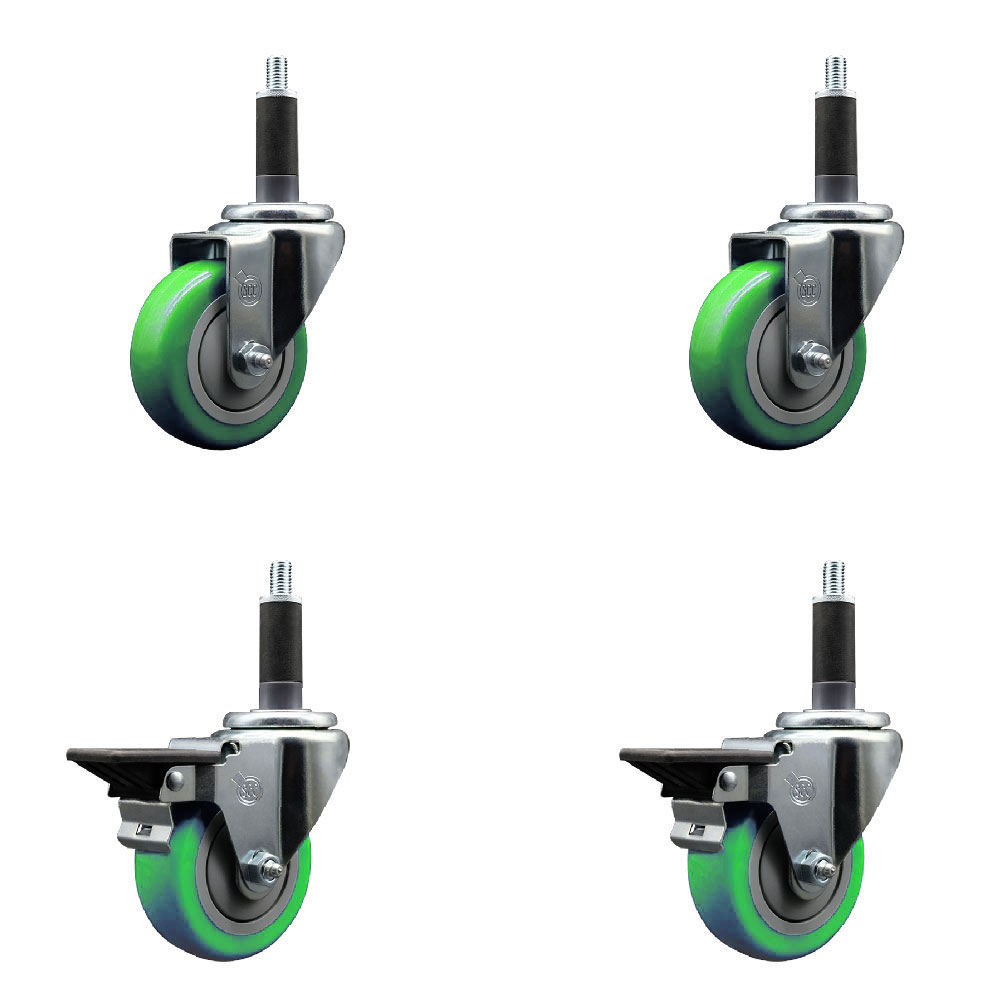 SCC-EX20S3514-PPUB-GRN-2-PLB-2-1 Polyurethane Swivel Expanding Stem Caster with 3.5 in. Green Wheels & 1 in. Stems - Set of 4