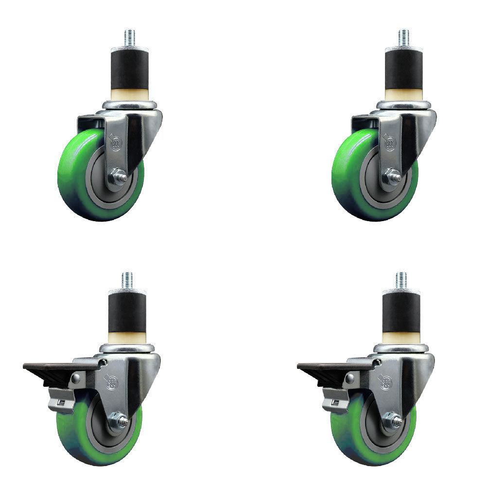 SCC-EX20S3514-PPUB-GRN-2-PLB-2-178 Polyurethane Swivel Expanding Stem Caster with 3.5 in. Green Wheels & 1.87 in. Stems - Set of 4