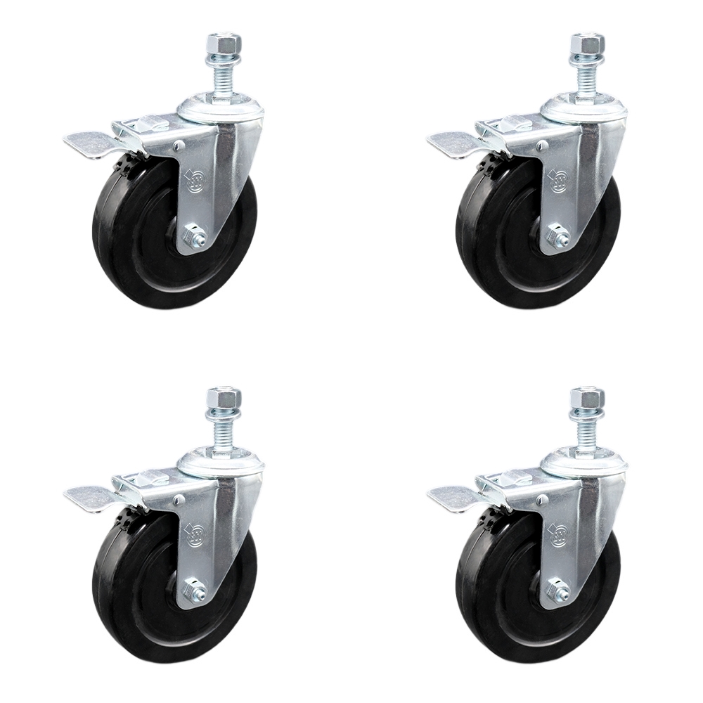 SCC-SSTSTTL20S514-HRS-M1015-4 Stainless Steel Hard Rubber Swivel Threaded Stem Caster with 5 x 1.25 in. Black Wheels & 10 mm Stems - Set of 4