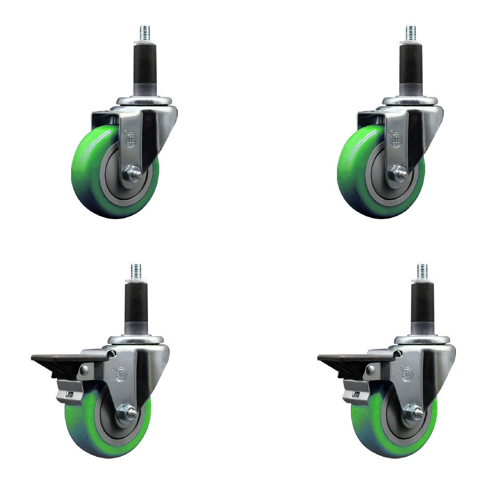 SCC-EX20S3514-PPUB-GRN-2-PLB-2-118 Polyurethane Swivel Expanding Stem Caster with 3.5 in. Green Wheels & 1.13 in. Stems - Set of 4