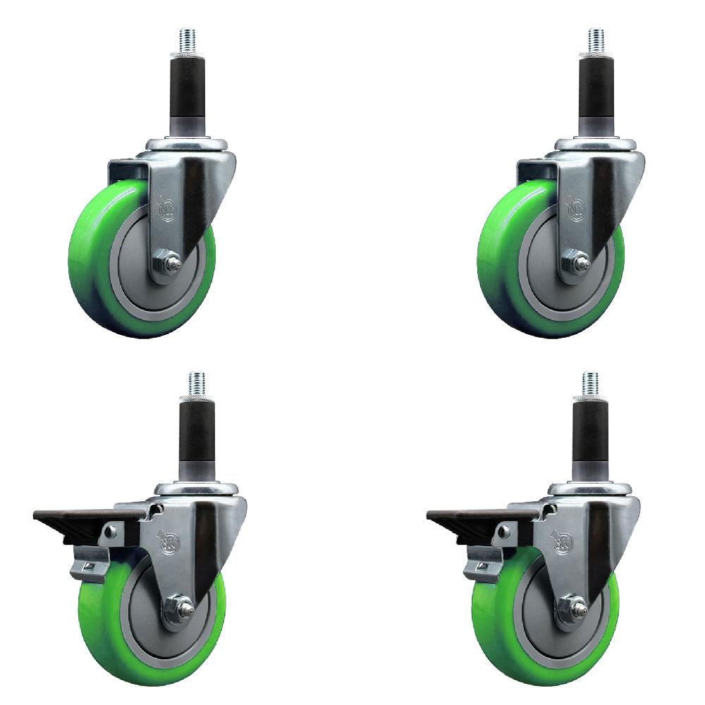 SCC-EX20S414-PPUB-GRN-2-PLB-2-118 Polyurethane Swivel Expanding Stem Caster with 4 in. Green Wheels & 1.13 in. Stems - Set of 4