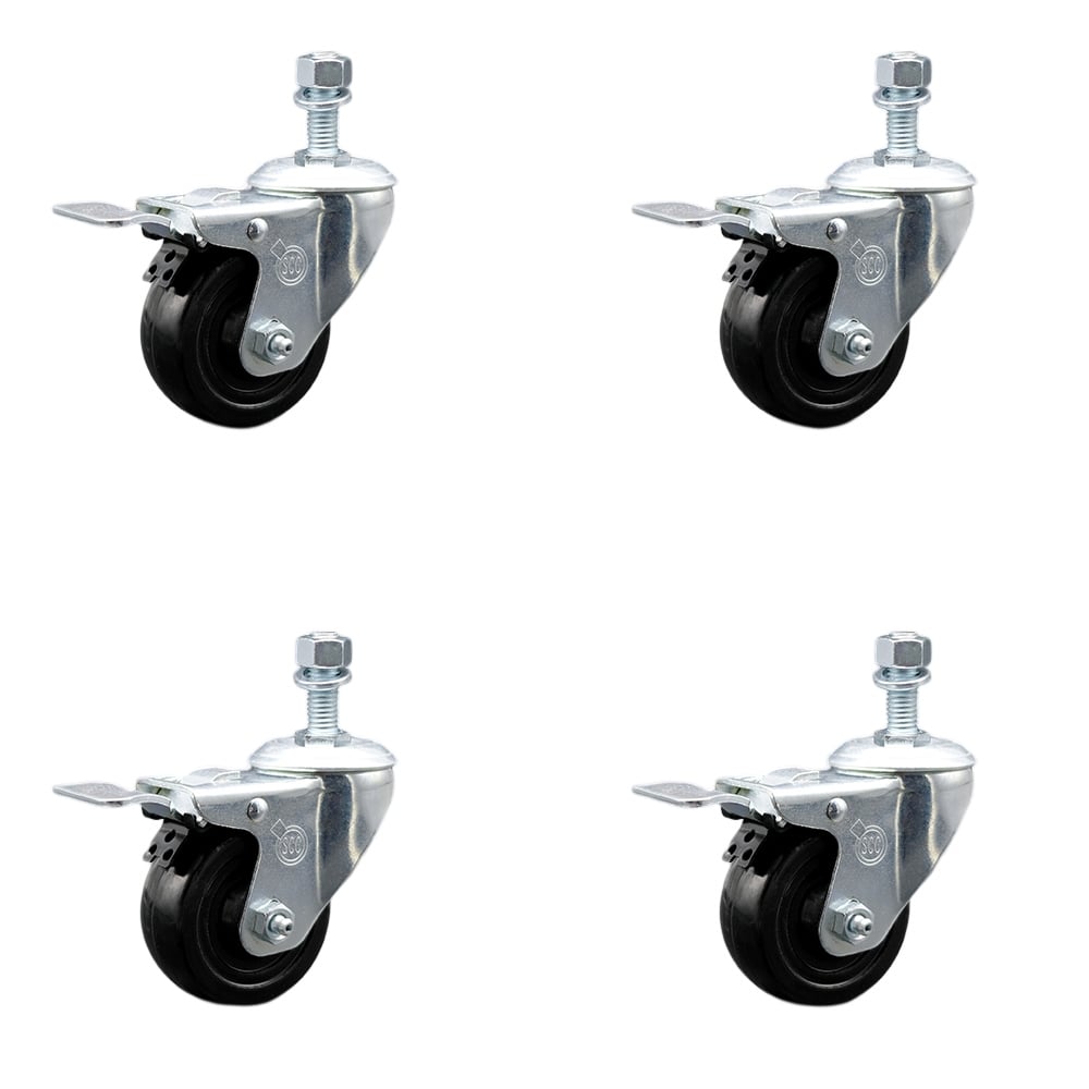 SCC-SSTSTTL20S3514-HRS-M1215-4 Stainless Steel Hard Rubber Swivel Threaded Stem Caster with 3.5 x 1.25 in. Black Wheels & 12 mm Stems - Set of 4