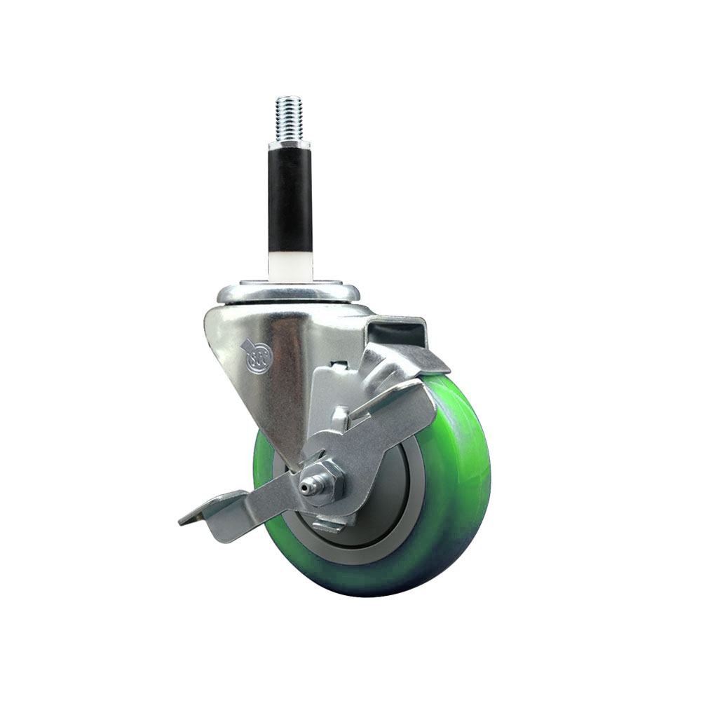 Stainless Steel Polyurethane Expanding Stem Swivel Caster with 3.5 in. Green Wheel & 0.87 in. Stem & Top Locking Brake