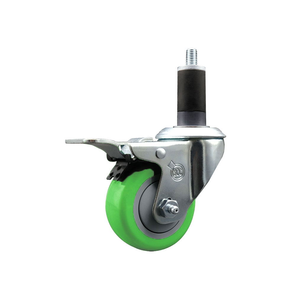SCC-SSEXTTL20S314-PPUB-GRN-114 Stainless Steel Polyurethane Expanding Stem Swivel Caster with 3 in. Green Wheel & 1.25 in. Stem & Total Locking Brake