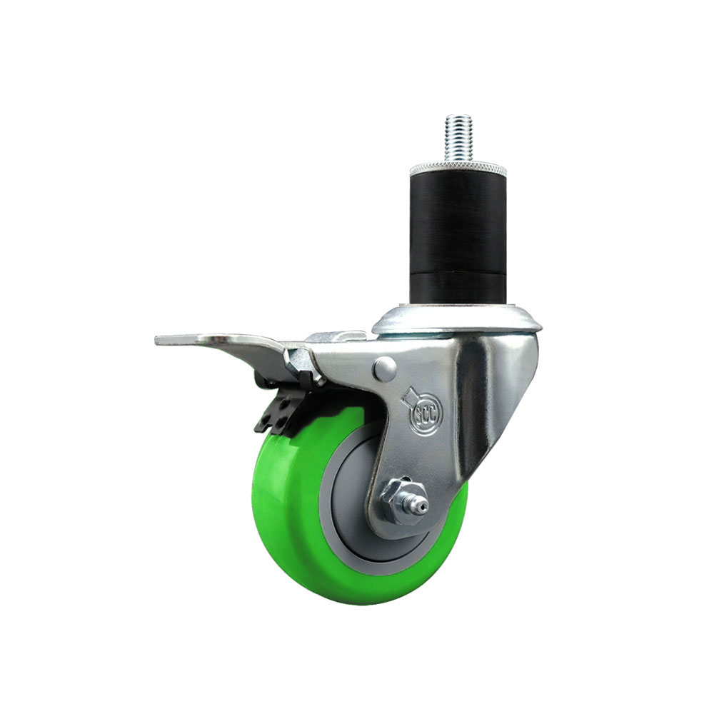 SCC-SSEXTTL20S314-PPUB-GRN-134 Stainless Steel Polyurethane Expanding Stem Swivel Caster with 3 in. Green Wheel & 1.75 in. Stem & Total Locking Brake