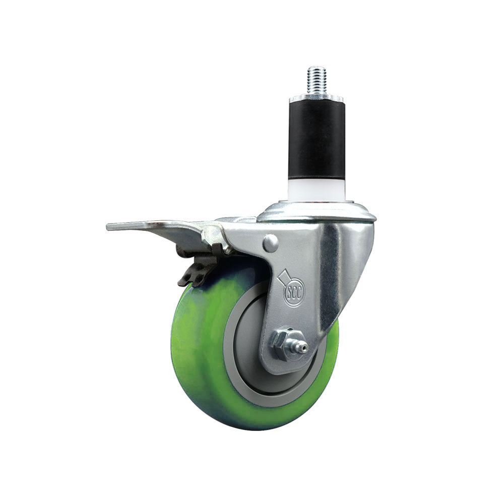 Stainless Steel Polyurethane Expanding Stem Swivel Caster with 3.5 in. Green Wheel & 1.25 in. Stem & Total Locking Brake