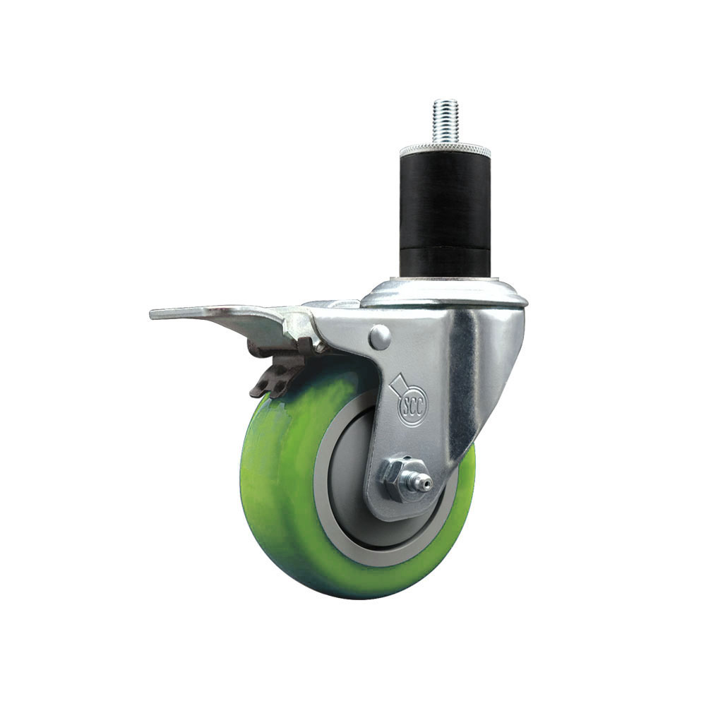 Stainless Steel Polyurethane Expanding Stem Swivel Caster with 3.5 in. Green Wheel & 1.75 in. Stem & Total Locking Brake