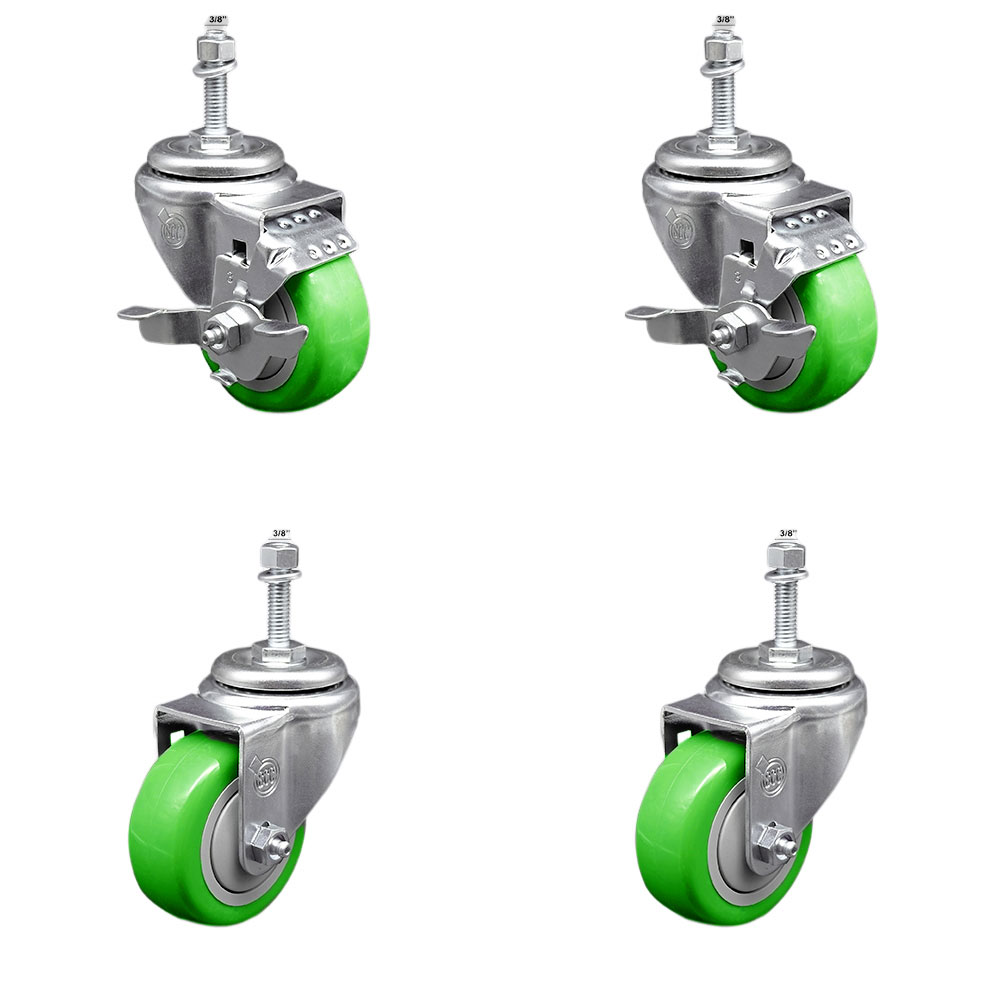 Stainless Steel Polyurethane Swivel Threaded Stem Caster with 3 x 1.25 in. Green Wheels & 0.38 in. Stems - Set of 4