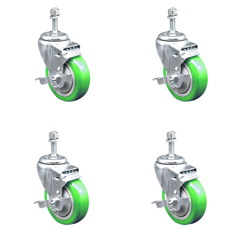 Stainless Steel Polyurethane Swivel Threaded Stem Caster with 4 x 1.25 in. Green Wheels & 0.38 in. Stems - Set of 4