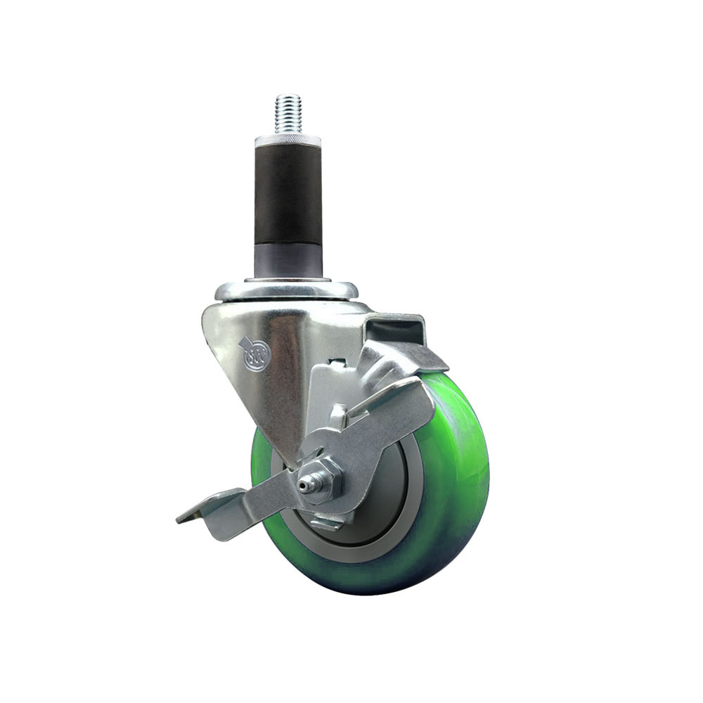 Stainless Steel Polyurethane Expanding Stem Swivel Caster with 3.5 in. Green Wheel & 1.25 in. Stem & Top Locking Brake