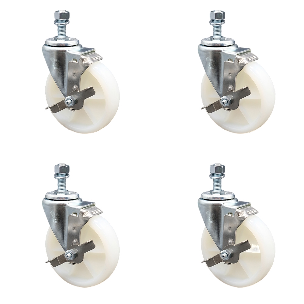SCC-SSTS20S514-NYS-TLB-381615-4 Stainless Steel Nylon Swivel Threaded Stem Caster with 5 x 1.25 in. White Wheels & 0.38 in. Stems - Set of 4