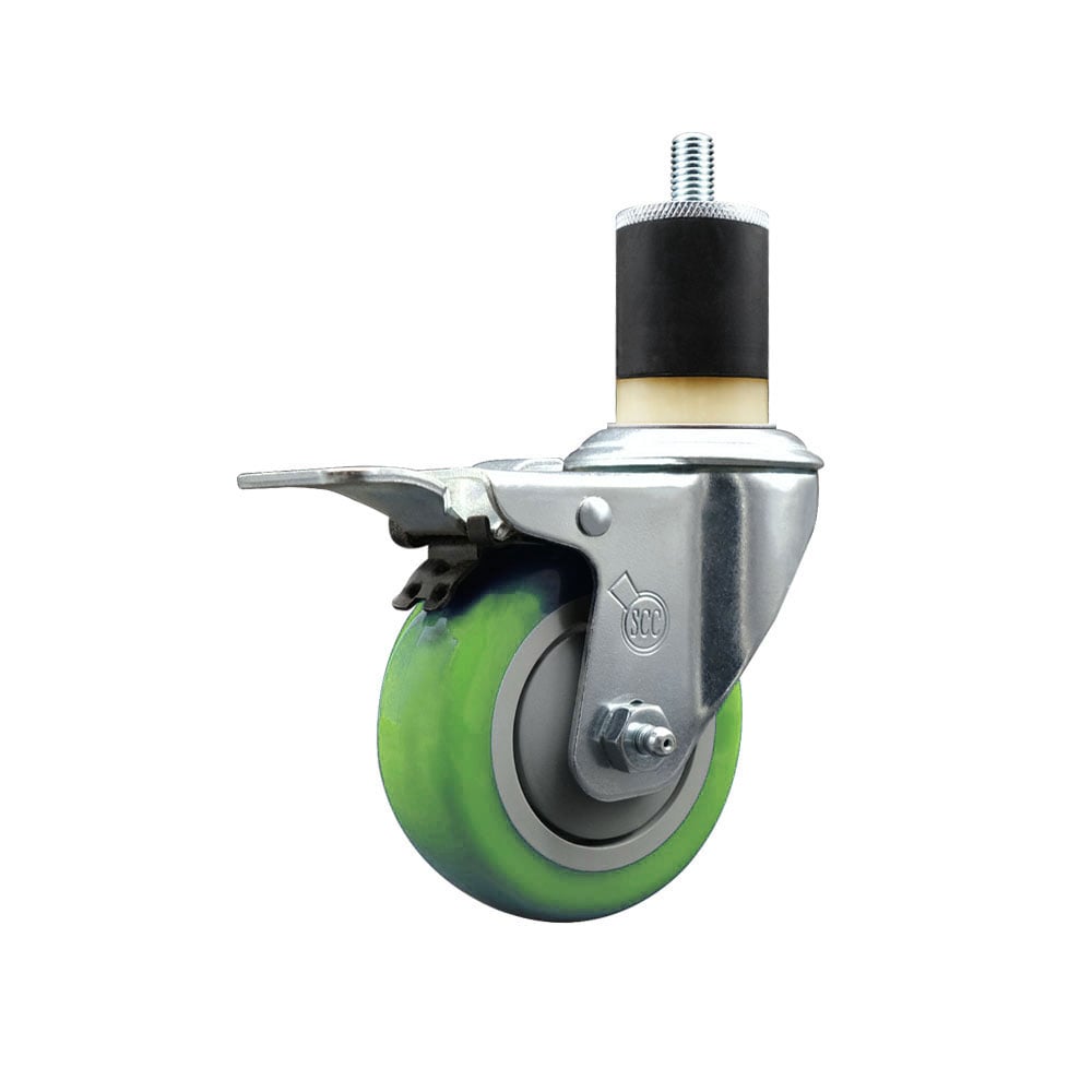 Stainless Steel Polyurethane Expanding Stem Swivel Caster with 3.5 in. Green Wheel & 1.87 in. Stem & Total Locking Brake