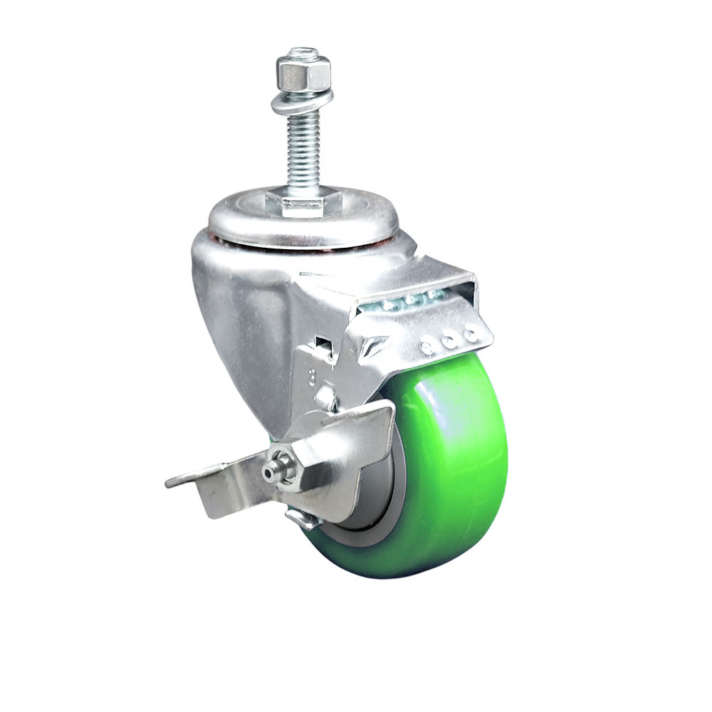 Stainless Steel Polyurethane Swivel Threaded Stem Caster with 3 x 1.25 in. Green Wheel & 0.38 in. Stem & Top Locking Brake
