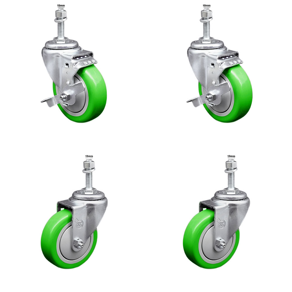 Stainless Steel Polyurethane Swivel Threaded Stem Caster with 4 x 1.25 in. Green Wheels & 10 mm Stems - Set of 4