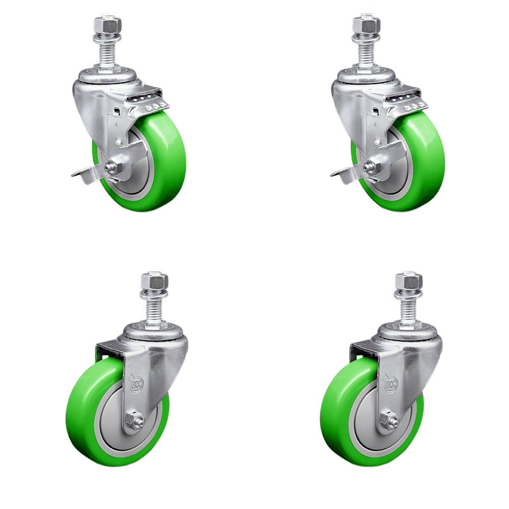 Stainless Steel Polyurethane Swivel Threaded Stem Caster with 4 x 1.25 in. Green Wheels & 12 mm Stems - Set of 4