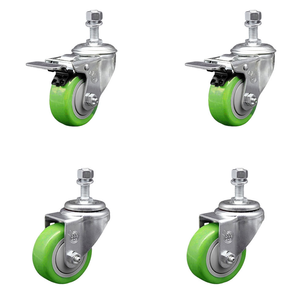 Stainless Steel Polyurethane Swivel Threaded Stem Caster with 3 x 1.25 in. Green Wheels & 0.5 in. Stems - Set of 4