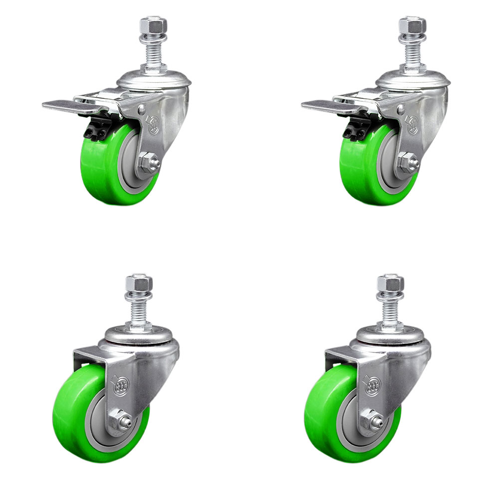 Stainless Steel Polyurethane Swivel Threaded Stem Caster with 3.5 x 1.25 in. Green Wheels & 0.5 in. Stems - Set of 4