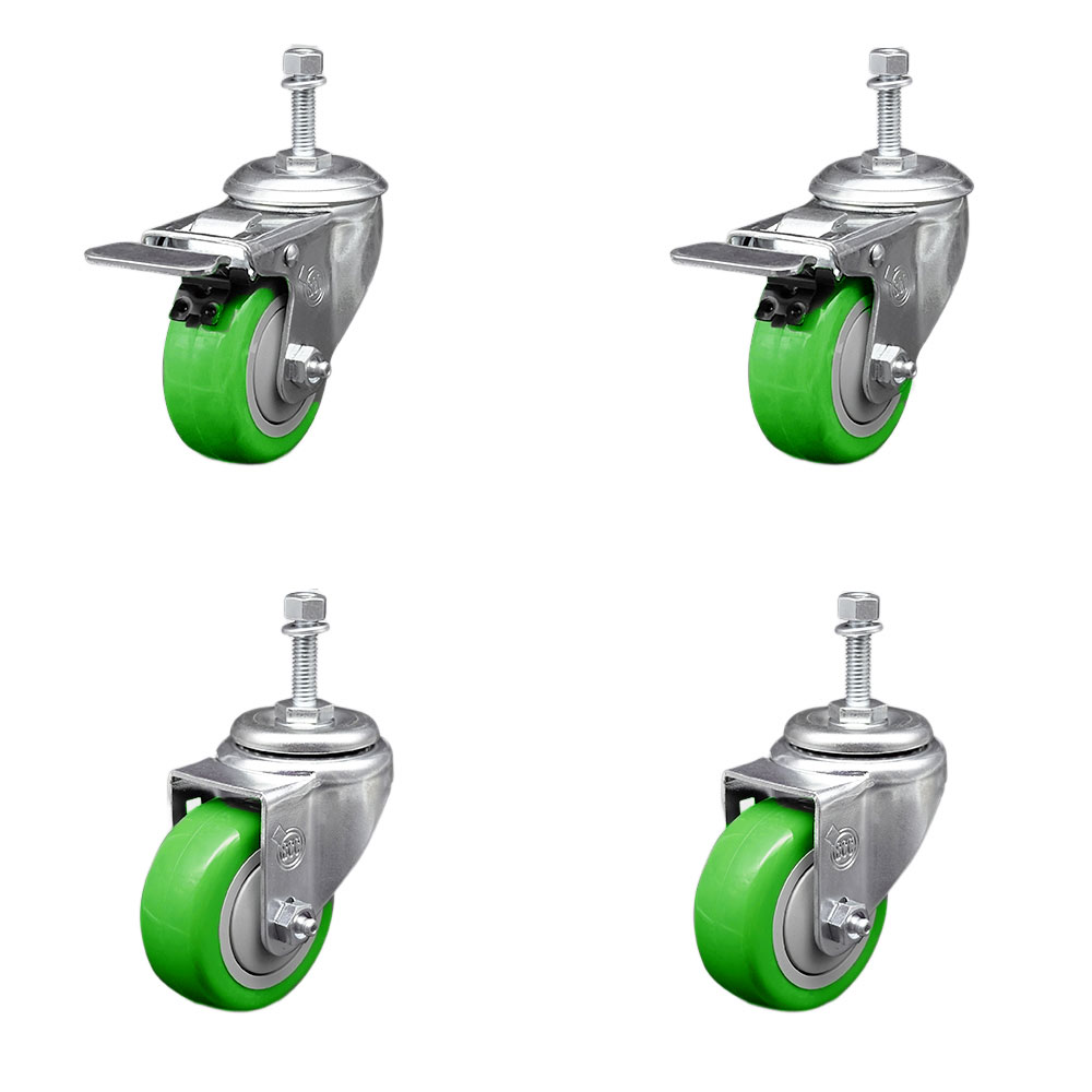 Stainless Steel Polyurethane Swivel Threaded Stem Caster with 3.5 x 1.25 in. Green Wheels & 0.38 in. Stems - Set of 4