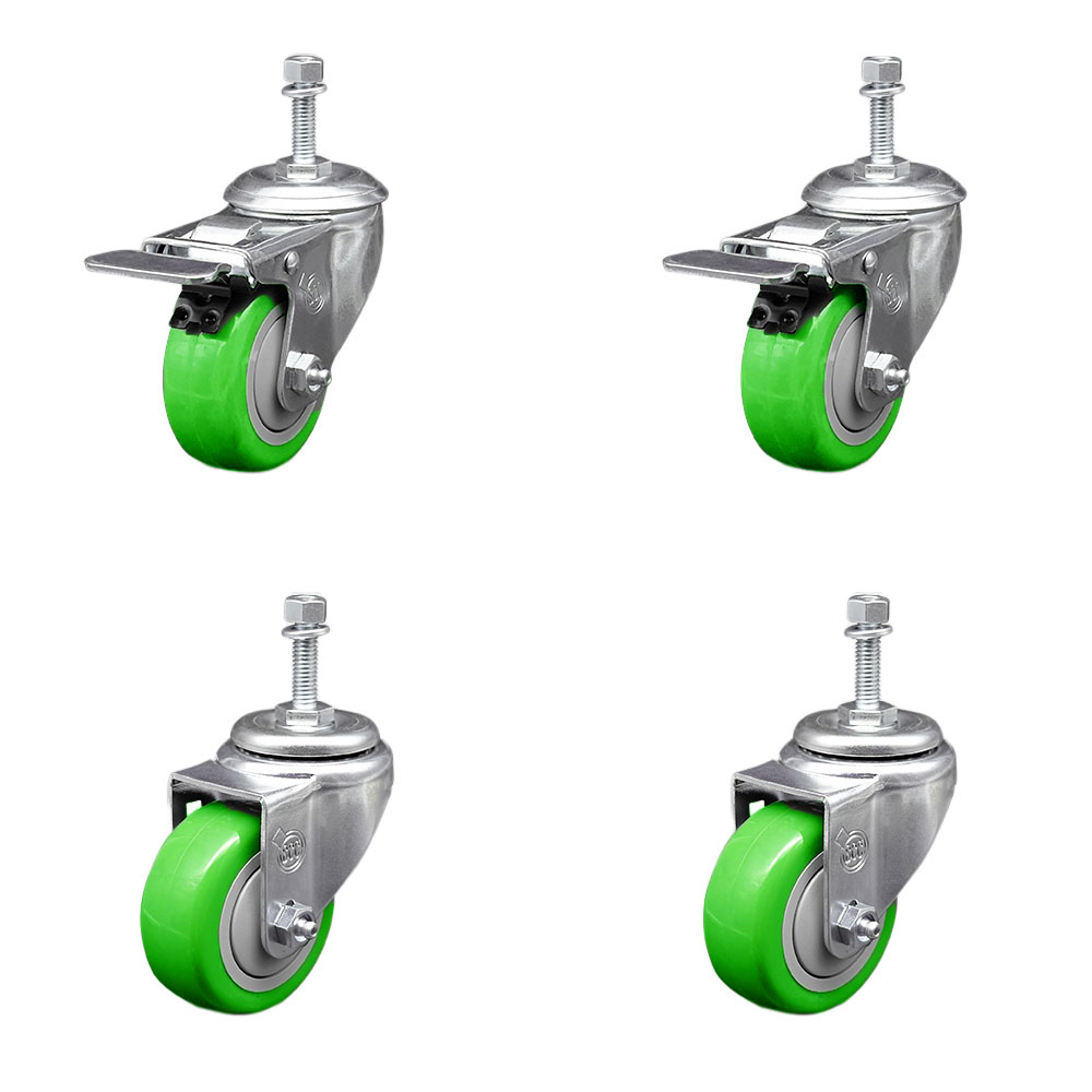 Stainless Steel Polyurethane Swivel Threaded Stem Caster with 3.5 x 1.25 in. Green Wheels & 10 mm Stems - Set of 4