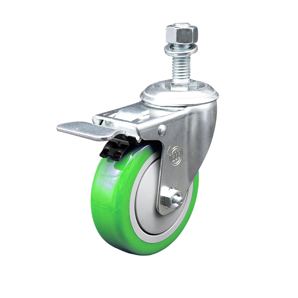 Stainless Steel Polyurethane Swivel Threaded Stem Caster with 4 x 1.25 in. Green Wheel & 12 mm Stem & Total Locking Brake
