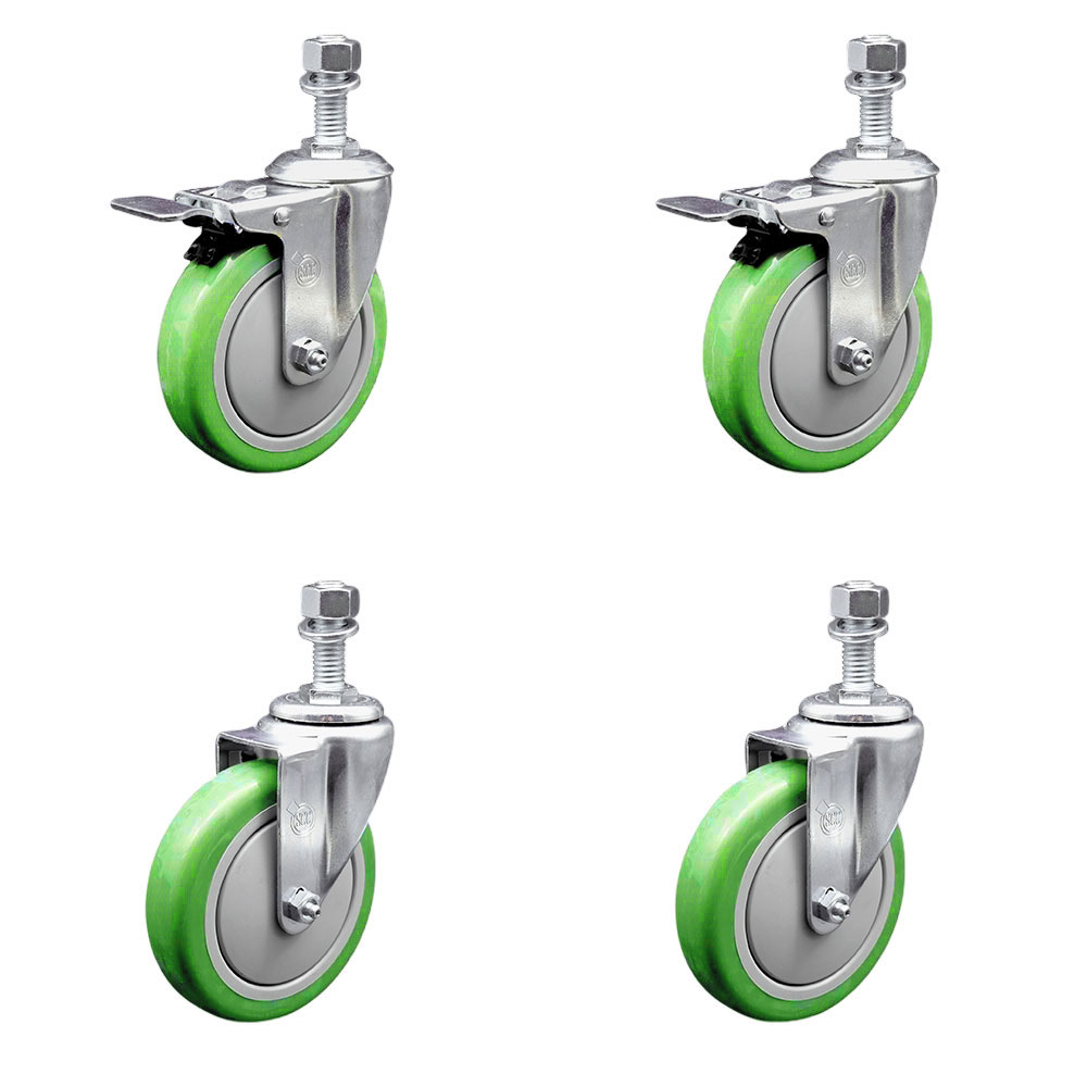Stainless Steel Polyurethane Swivel Threaded Stem Caster with 5 x 1.25 in. Green Wheels & 12 mm Stems - Set of 4