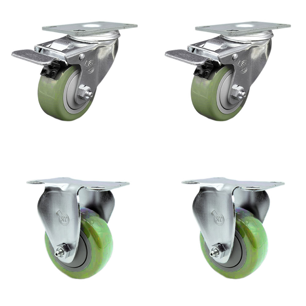 Stainless Steel Polyurethane Top Plate Caster with 3.5 x 1.25 in. Green Wheels, 2 Swivel Casters with Total Locking Brake & 2 Rigid - Set of 4