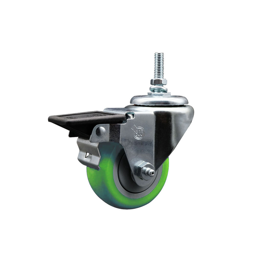 SCC-TS20S314-PPUB-GRN-PLB-381615 Polyurethane Swivel Threaded Stem Caster with 3 x 1.25 in. Green Wheel & 0.38 in. Stem & Posi Locking Brake
