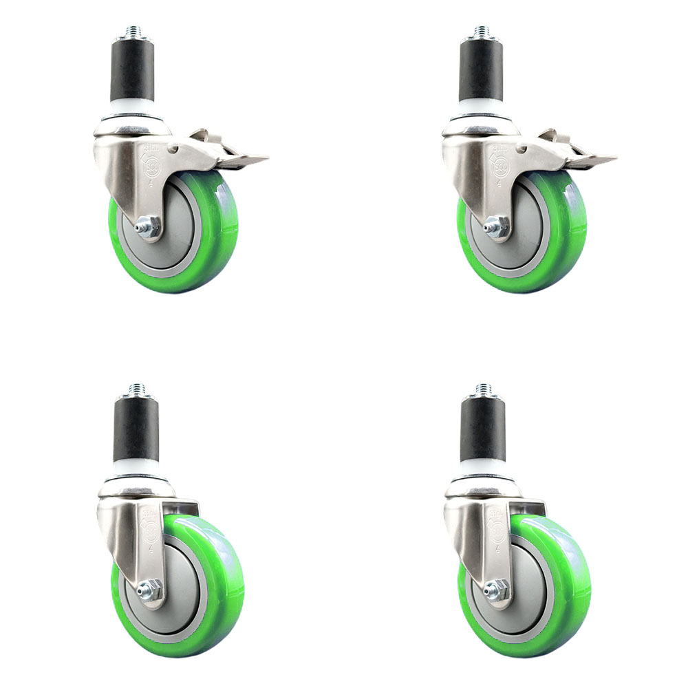 Polyurethane Swivel Stem Caster with 4 in. Green Caster Wheels, 1.5 in. Expanding Stem - 316 Stainless Steel Casters - Set of 4