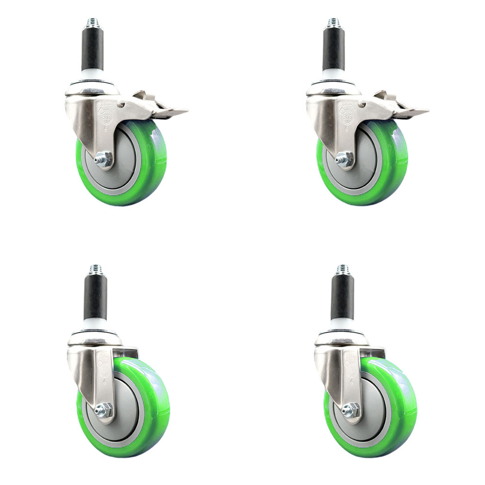 Polyurethane Swivel Stem Caster with 4 in. Green Caster Wheels, 1.13 in. Expanding Stem - 316 Stainless Steel Casters - Set of 4