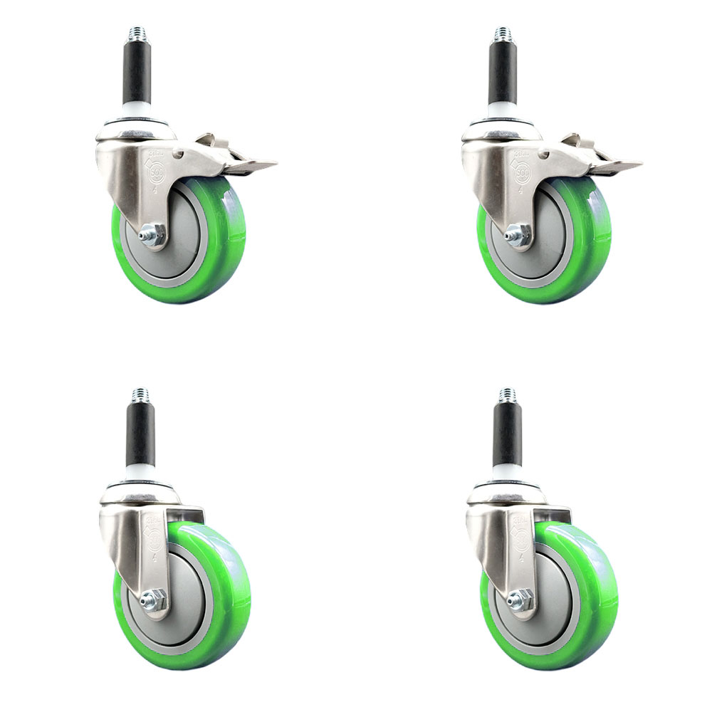 Polyurethane Swivel Stem Caster with 4 in. Green Caster Wheels, 0.87 in. Expanding Stem - 316 Stainless Steel Casters - Set of 4