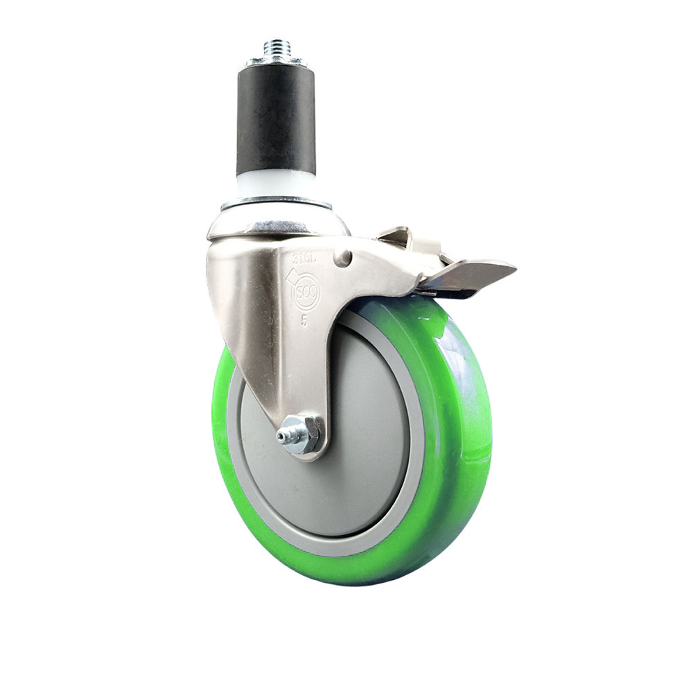 Polyurethane Swivel Stem Caster with 5 in. Green Caster Wheels & Total Lock Brake, 1.5 in. Expanding Stem - 316 Stainless Steel Caster