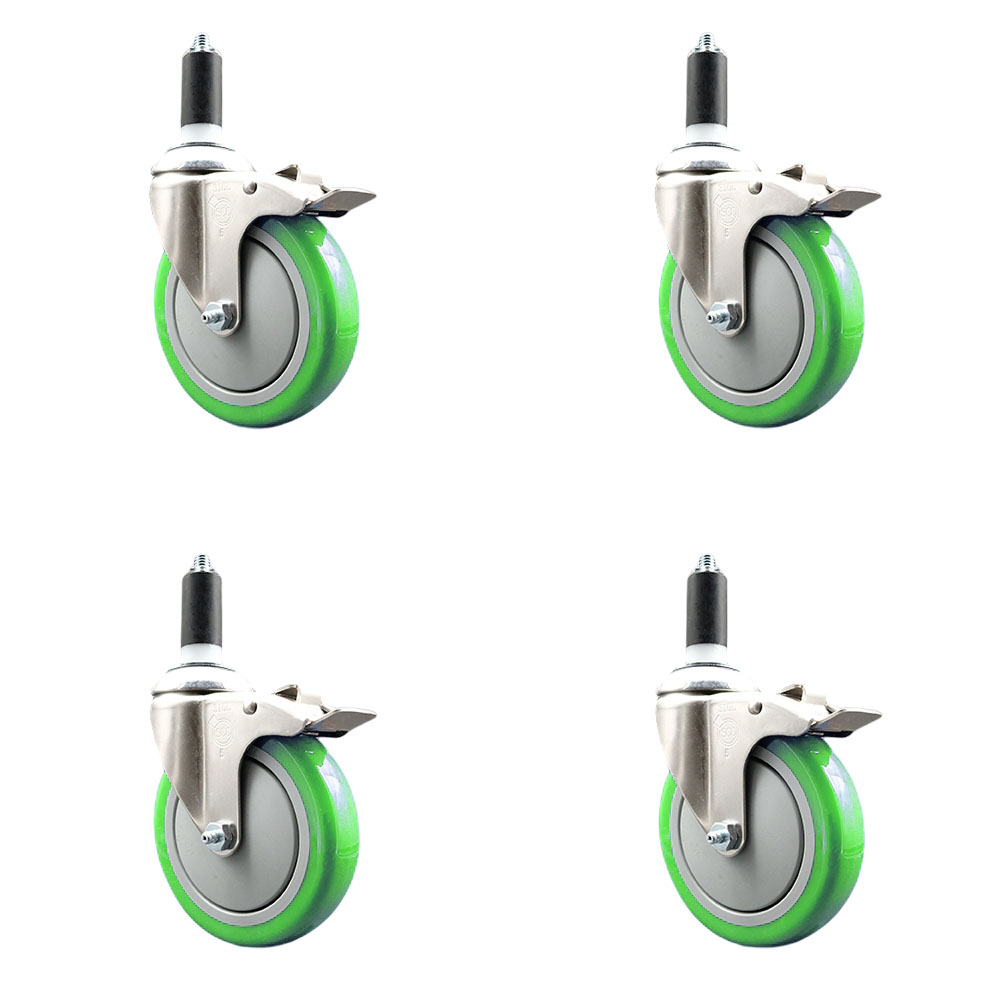 Polyurethane Swivel Stem Caster with 5 in. Green Caster Wheels, 1.38 in. Expanding Stems - 316 Stainless Steel Casters - Set of 4