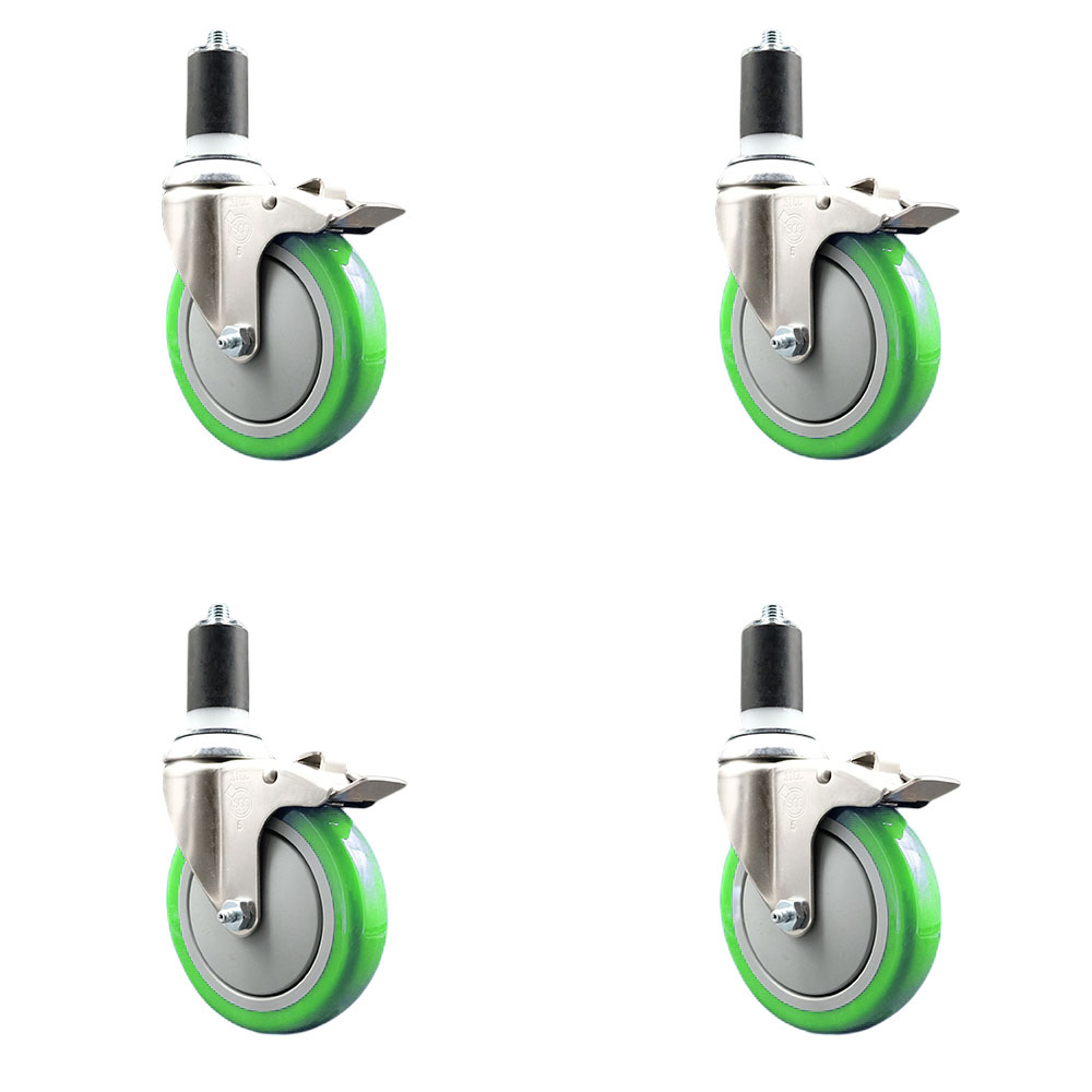 Polyurethane Swivel Stem Caster with 5 in. Green Caster Wheels, 1.63 in. Expanding Stems - 316 Stainless Steel Casters - Set of 4