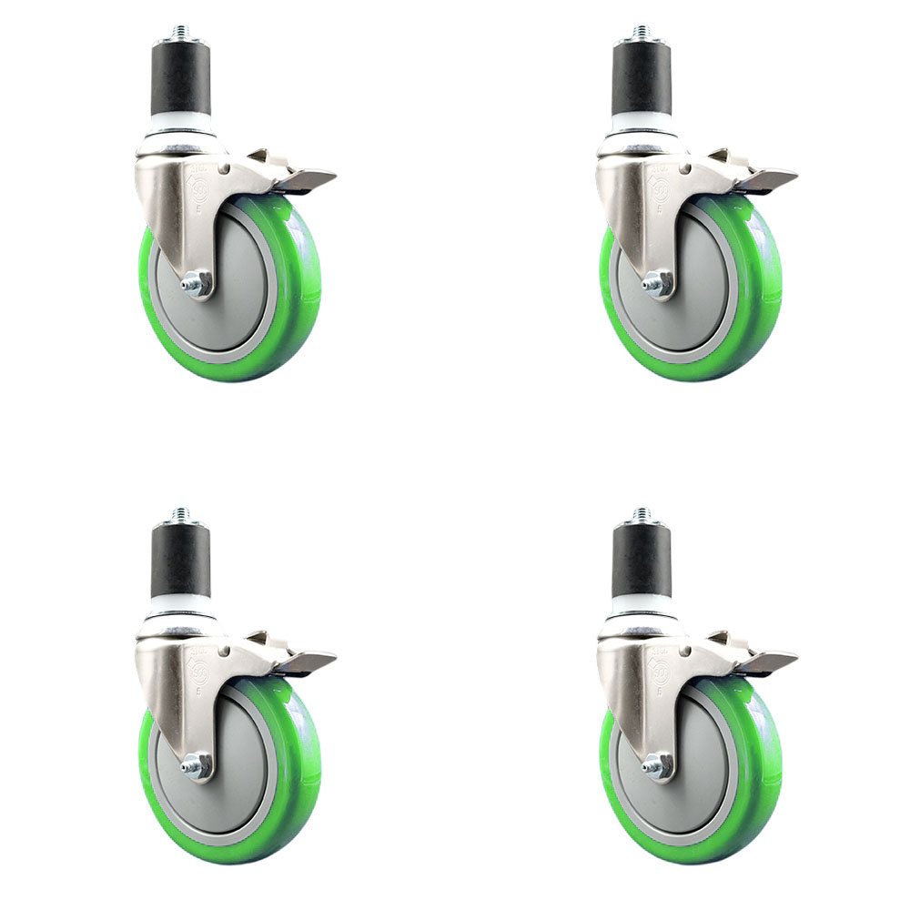 Polyurethane Swivel Stem Caster with 5 in. Green Caster Wheels, 1.87 in. Expanding Stems - 316 Stainless Steel Casters - Set of 4