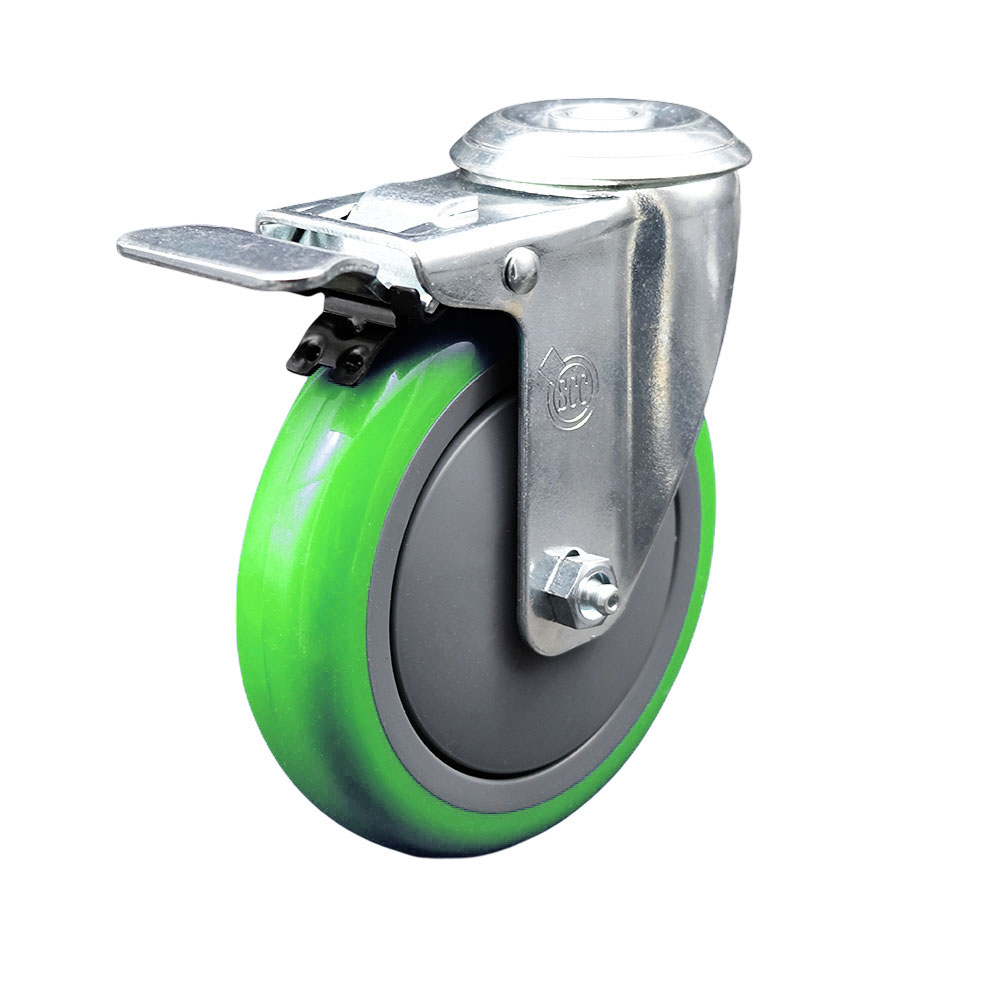 SCC-SSBHTTL20S514-PPUB-GRN Stainless Steel Polyurethane Swivel Bolt Hole Caster with 5 x 1.25 in. Green Wheel & Total Locking Brake